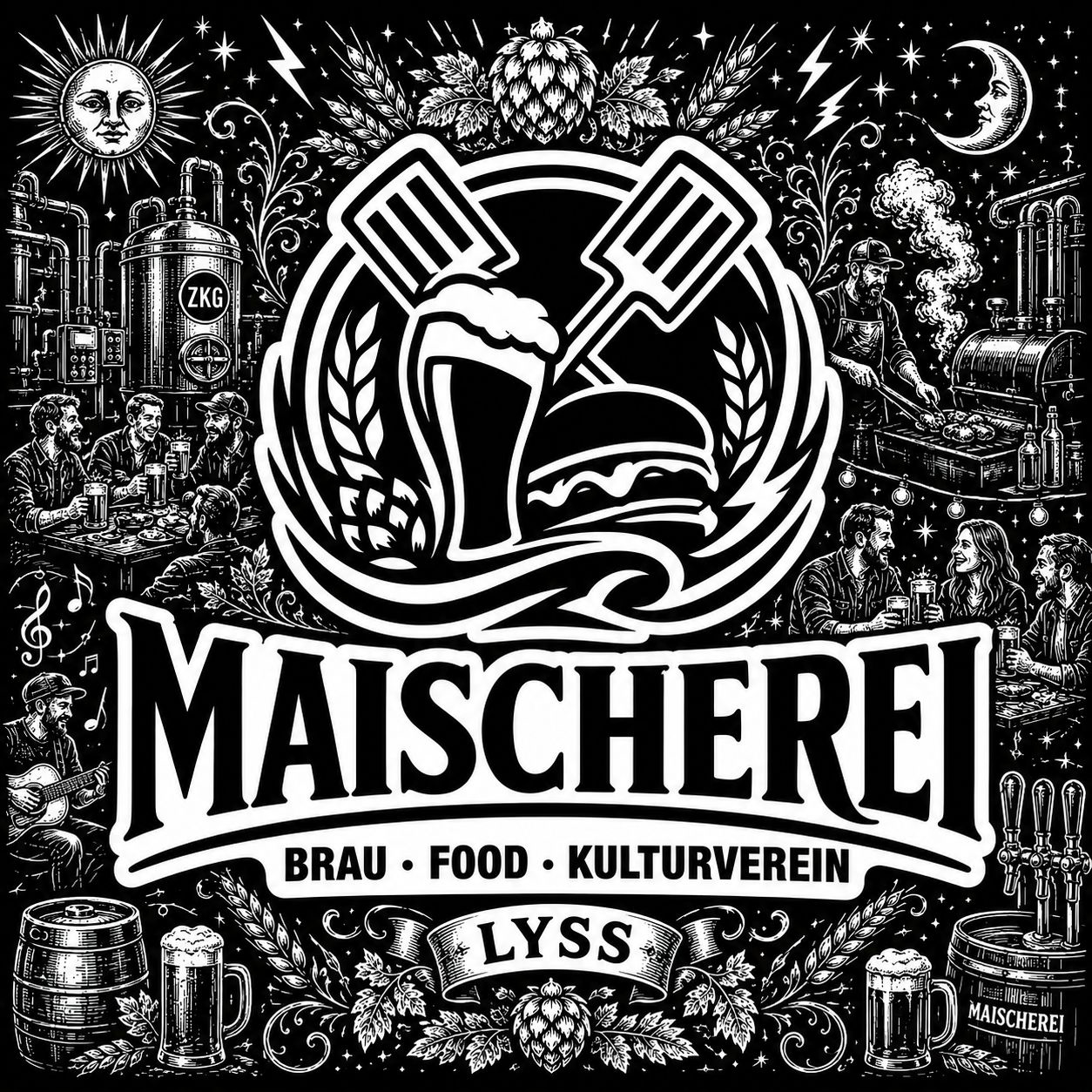 Illustration der MAISCHEREI Lyss mit Brauerei, Food und Kulturmotiven